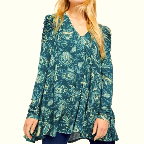 Free People Ruched Puff Sleeve Turquoise Floral Print Tunic Blouse Top Dress - Picture 4 of 12